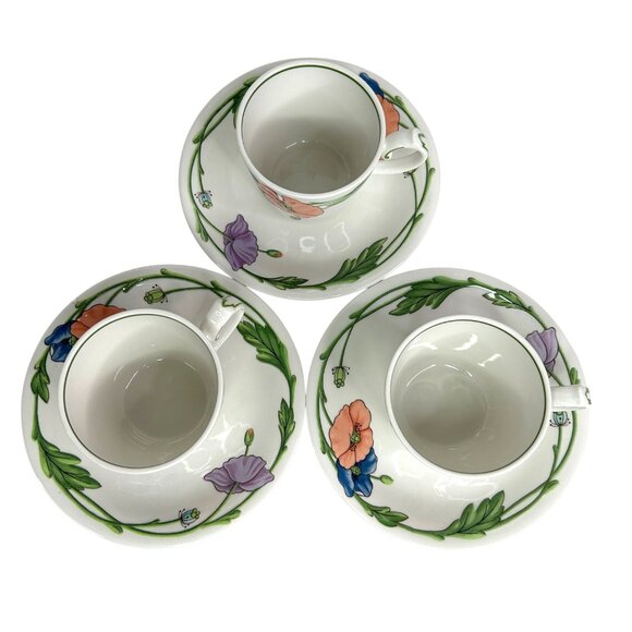 Villeroy & Boch Amapola Set Of 3 Tea Cups & Saucers Vitro Porcelain Floral - Picture 2 of 10